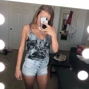 Dark Gray Velvet Cross Ruffle Crop Top